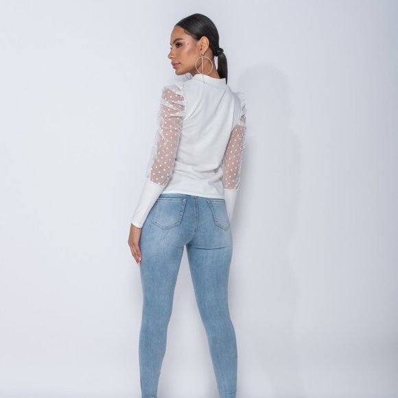 Cassie Blush Pink Polka Dot Mesh Sleeve Blouse Top - Picture 4 of 11